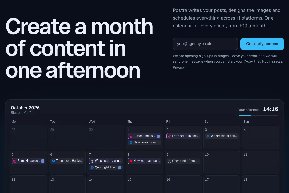 The postra.co.uk home page: the headline and a month of planned posts in a calendar.